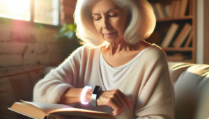 Senior lady wearing a health monitoring watch